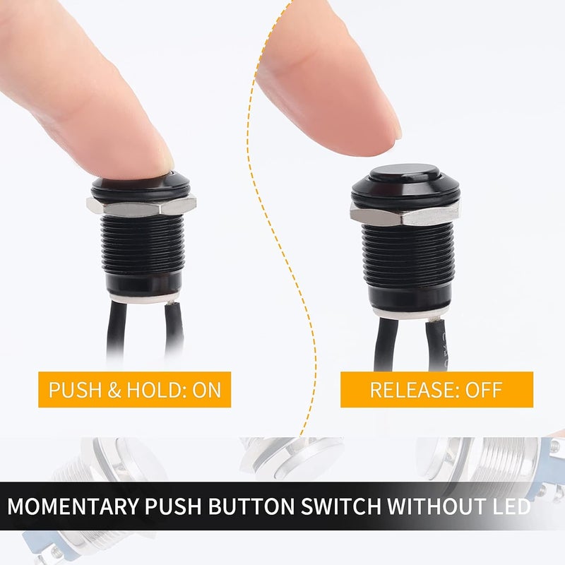 STARELO 5pcs 12mm Momentary Push Button Switch Black Shell with pre-Wiring, IP65 Waterproof Push Button Switch,Aluminum Alloy 1 Normally Open Without LED. - Image 4